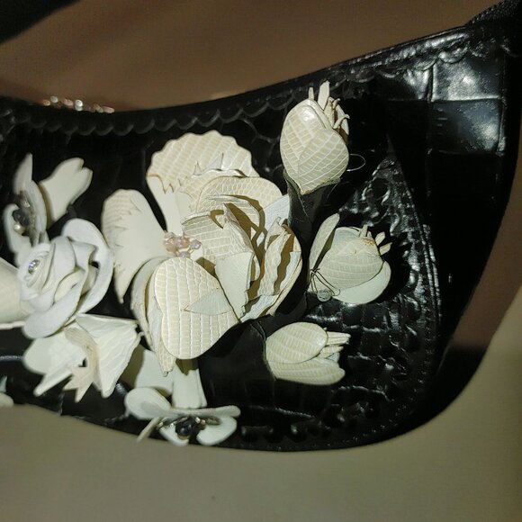 Brighton Leather Floral Embellished Black Retired Calista Croc Embossed Wristlet - Picture 2 of 10